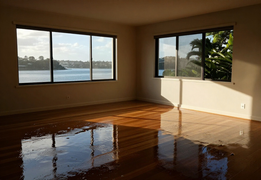 Flooded living room in Lugarno before restoration